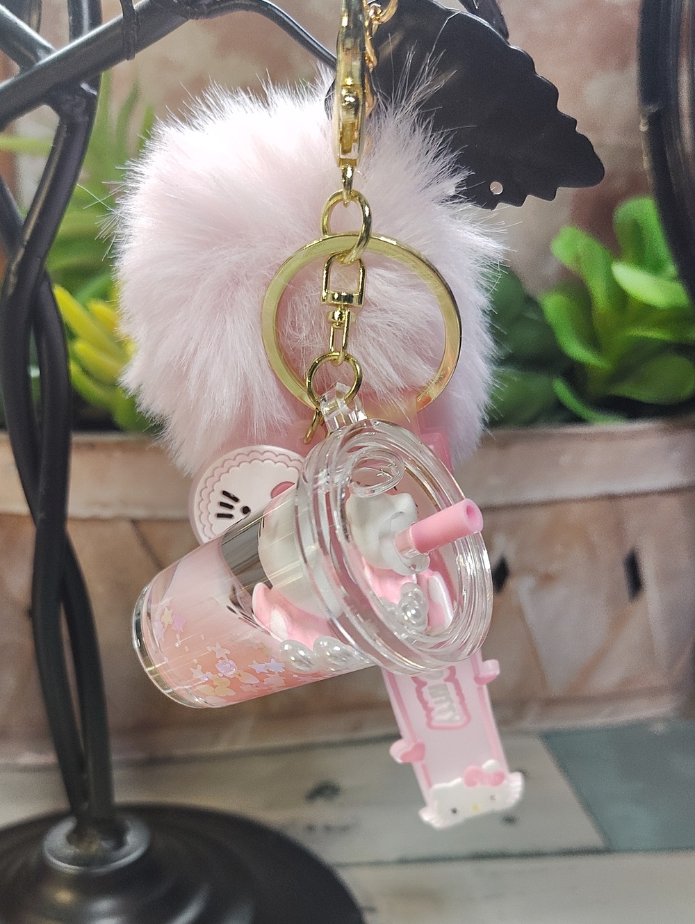 🩷🥤Hello Kitty Coffee Globe Keychain w/ Pink Pom Pom and Wristlet 🥤🩷